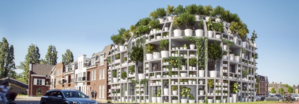 vasos de plantas na fachada em edifício na Holanda