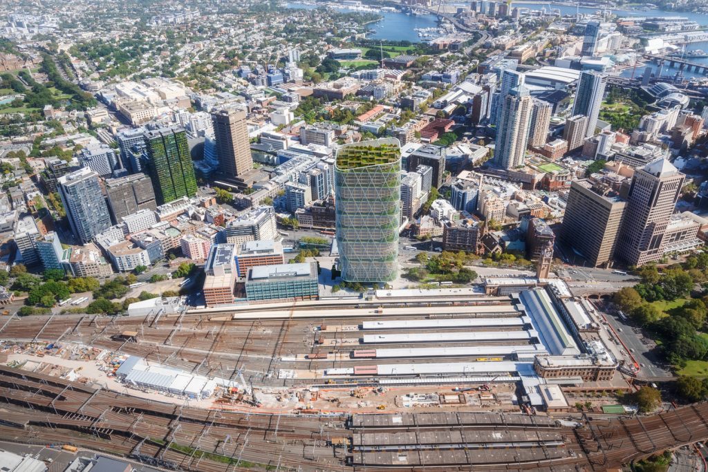 Maquete eletrônica - Vista aérea da maior torre de madeira em Sydney na Australia