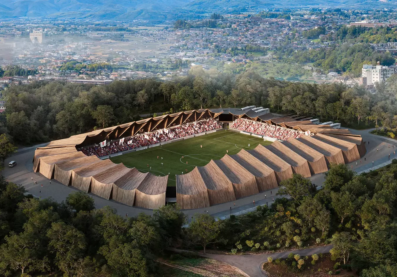 estádio de futebol de madeira no Japão